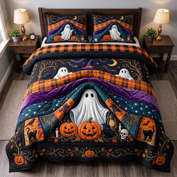 Cozy Ghost quilted 3-piece bedding set on a made bed against a dark styled interior