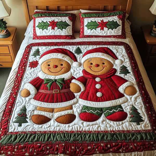 Cozy Gingerbread Wonderland quilted 3-piece bedding set on a made bed in a winter-styled bedroom