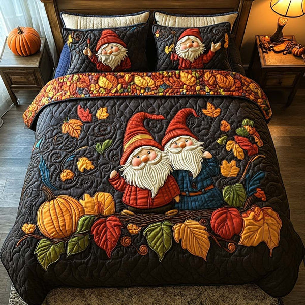 Cozy Gnome Harvest quilted 3-piece bedding set on a made bed in a winter-styled bedroom
