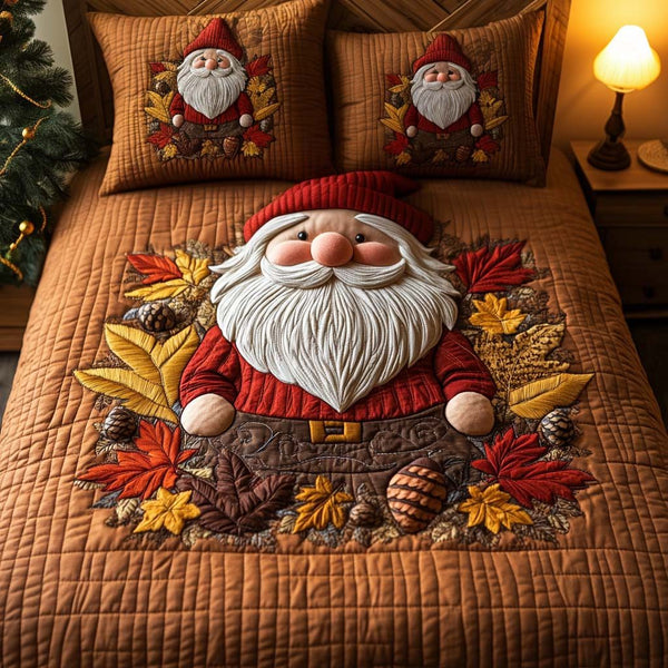 Cozy Gnome quilted 3-piece bedding set on a made bed in a winter-styled bedroom