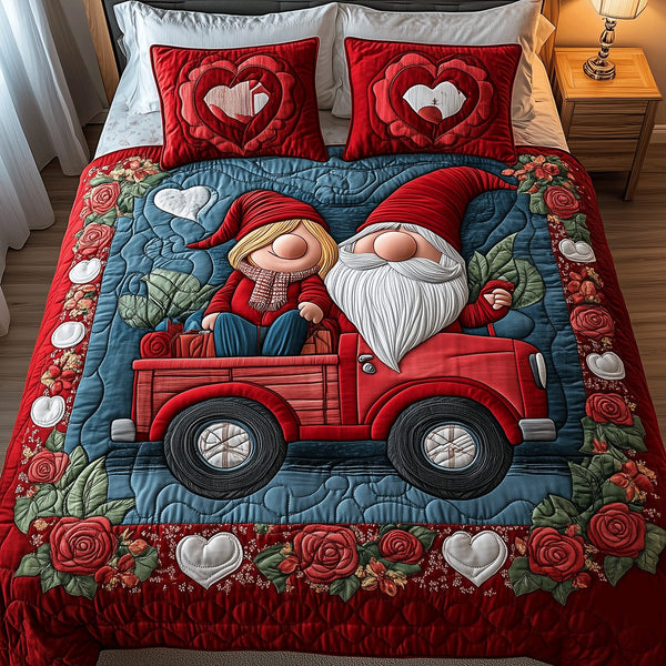 Cozy Gnome Ride quilted 3-piece bedding set on a made bed in a winter-styled bedroom