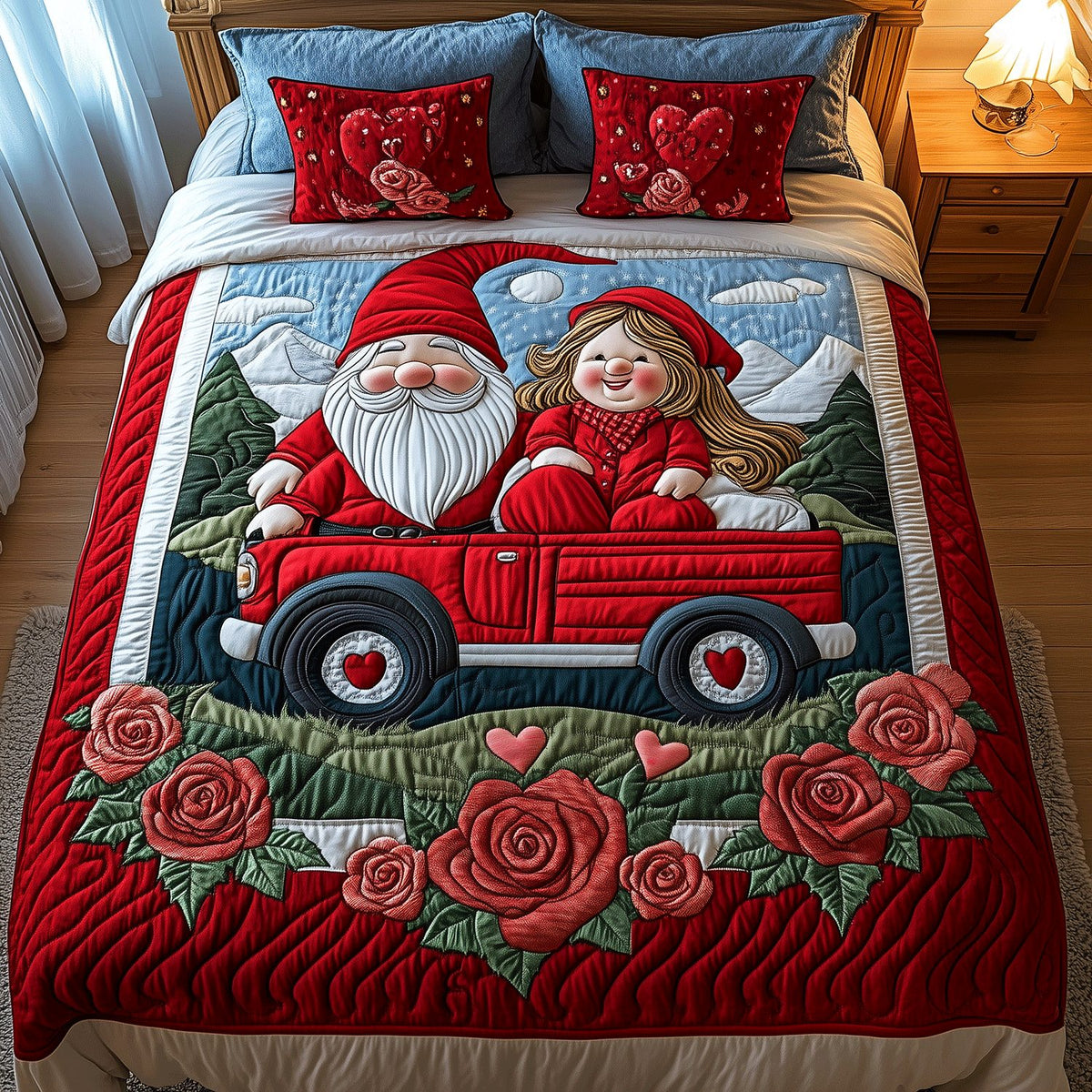 Cozy Gnome Road quilted 3-piece bedding set on a made bed in a winter-styled bedroom
