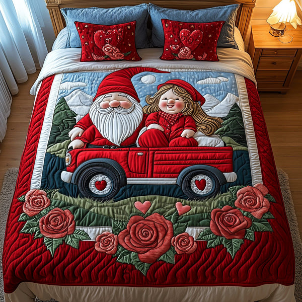 Cozy Gnome Road quilted 3-piece bedding set on a made bed in a winter-styled bedroom