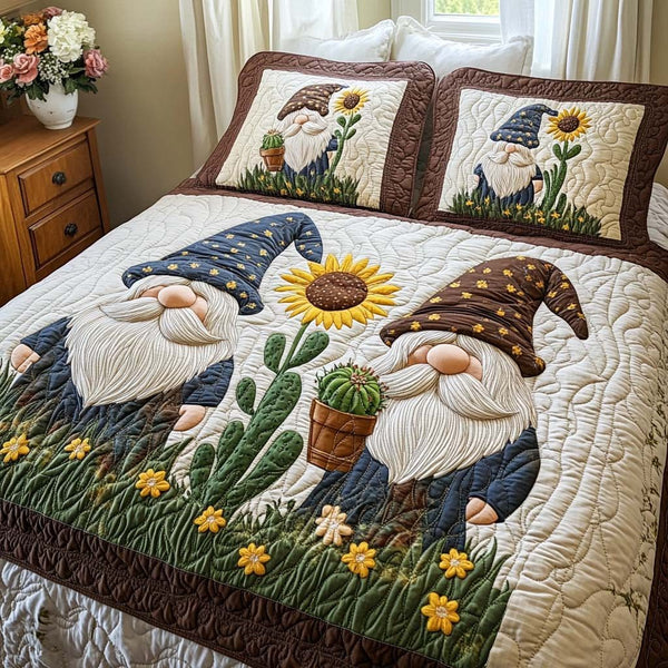 Cozy Gnome Village quilted 3-piece bedding set on a made bed in a winter-styled bedroom
