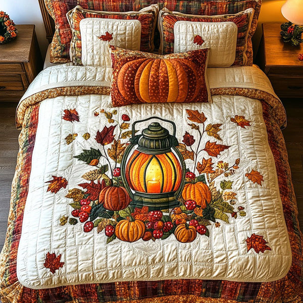 Cozy Gourd Cottage quilted 3-piece bedding set on a made bed in a farmhouse bedroom