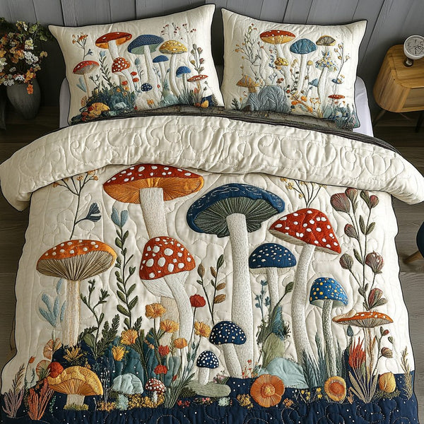 Cozy Grove quilted 3-piece bedding set on a made bed with two matching pillow shams