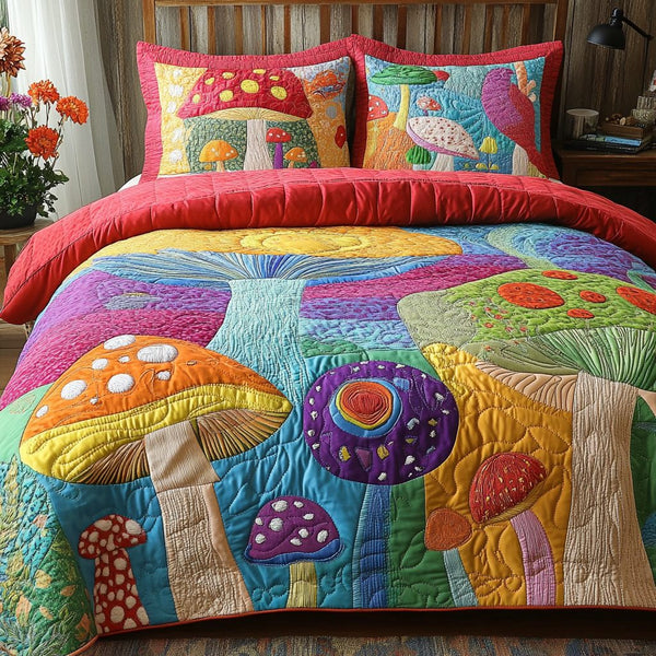 Cozy Grove quilted 3-piece bedding set on a made bed with two matching pillow shams