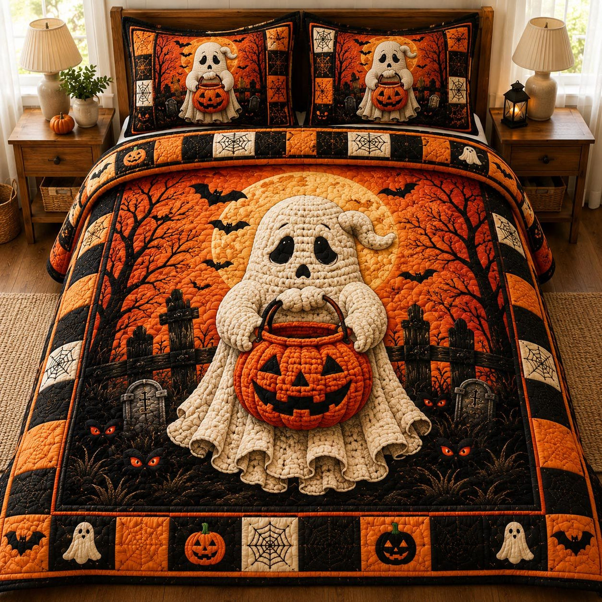 Cozy Haunting quilted 3-piece bedding set on a made bed with two matching pillow shams