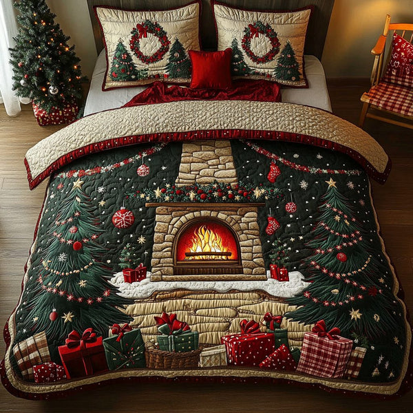 Cozy Hearth quilted 3-piece bedding set on a made bed with two matching pillow shams