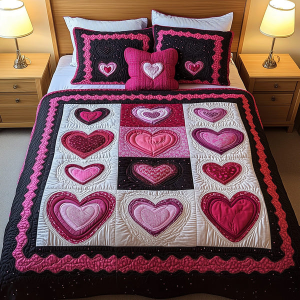 Cozy Hearts Haven quilted 3-piece bedding set on a made bed with two matching pillow shams