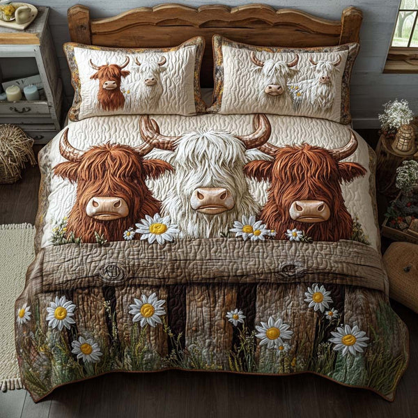 Cozy Highland Friend quilted 3-piece bedding set on a made bed with two matching pillow shams