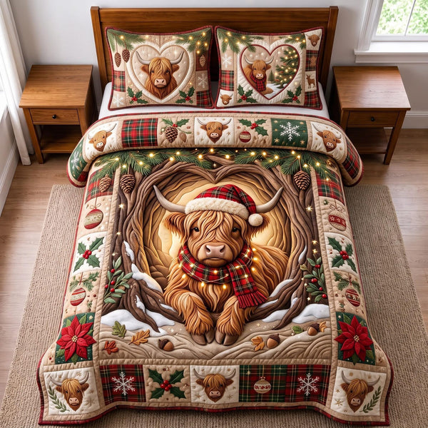 Cozy Highland quilted 3-piece bedding set on a made bed with two matching pillow shams