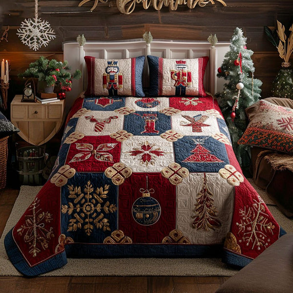 Cozy Holly Nights quilted 3-piece bedding set on a made bed with two matching pillow shams