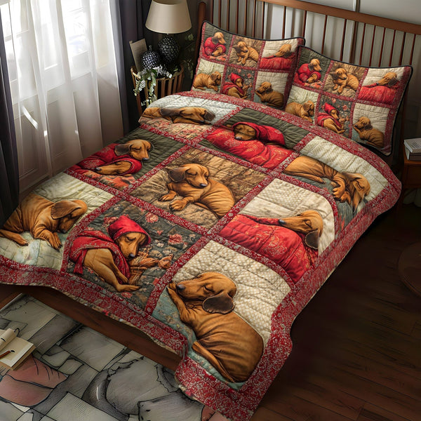 Cozy Hoods quilted 3-piece bedding set on a made bed with two matching pillow shams