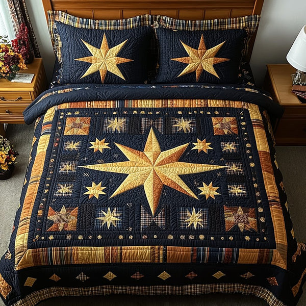 Cozy Horizon quilted 3-piece bedding set on a made bed with two matching pillow shams