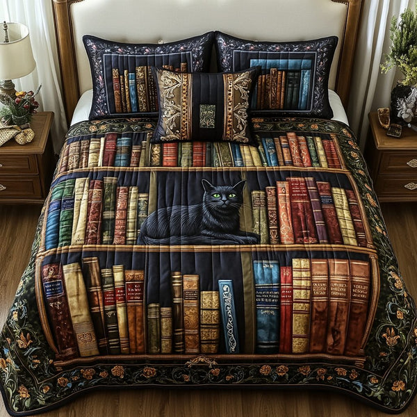 Cozy Library quilted 3-piece bedding set on a made bed with two matching pillow shams