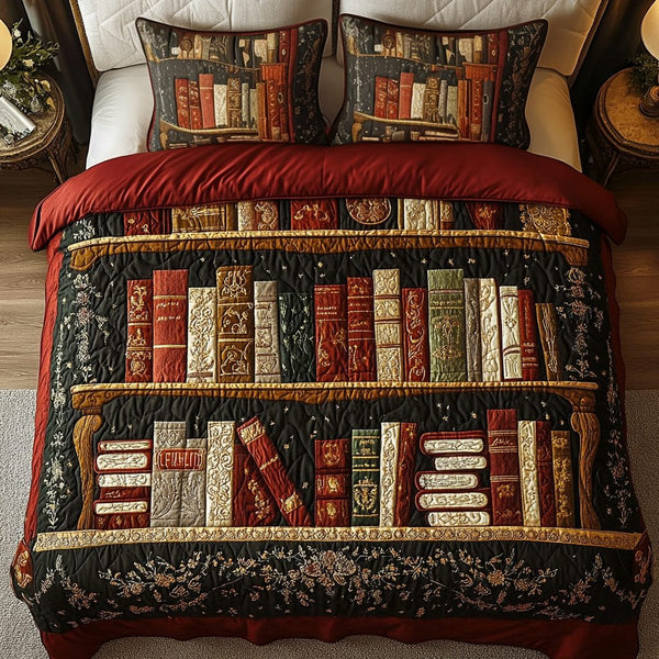 Cozy Library quilted 3-piece bedding set on a made bed with two matching pillow shams