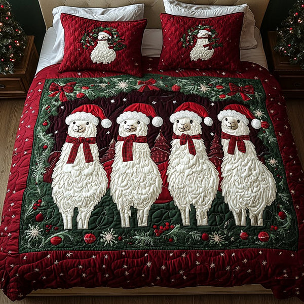 Cozy Llama Christmas quilted 3-piece bedding set on a made bed in a winter-styled bedroom