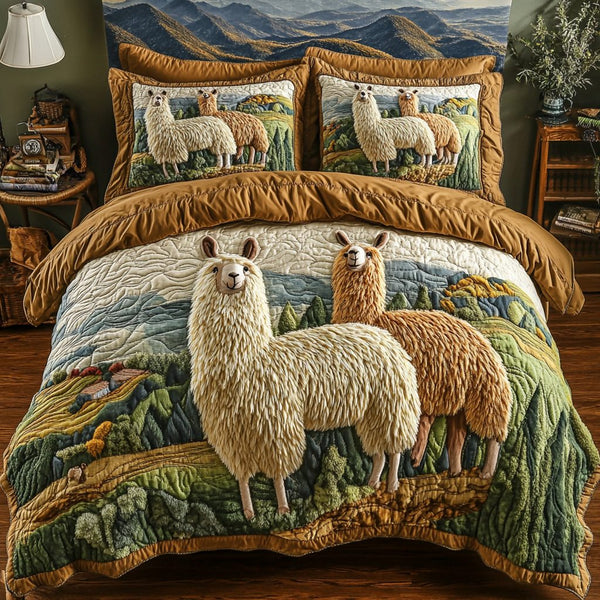 Cozy Llama quilted 3-piece bedding set on a made bed with two matching pillow shams