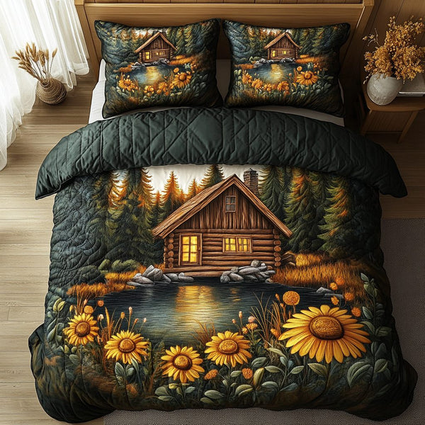 Cozy Log Cabin quilted 3-piece bedding set on a made bed with two matching pillow shams