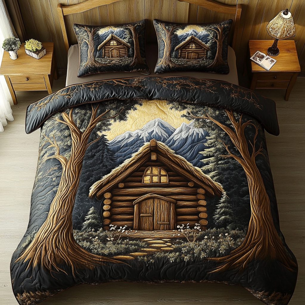 Cozy Log Cabin quilted 3-piece bedding set on a made bed with two matching pillow shams
