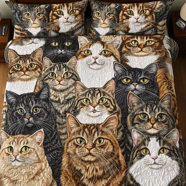 Cozy Meow quilted 3-piece bedding set on a made bed with two matching pillow shams