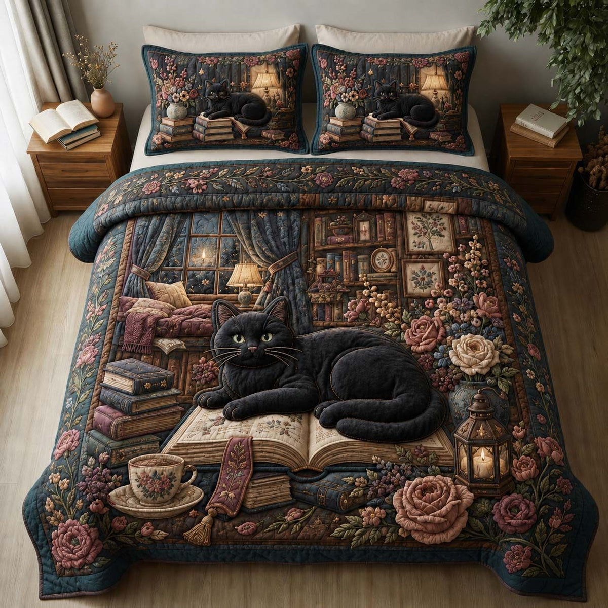 Cozy Midnight Reader Cat quilted 3-piece bedding set on a made bed with two matching pillow shams