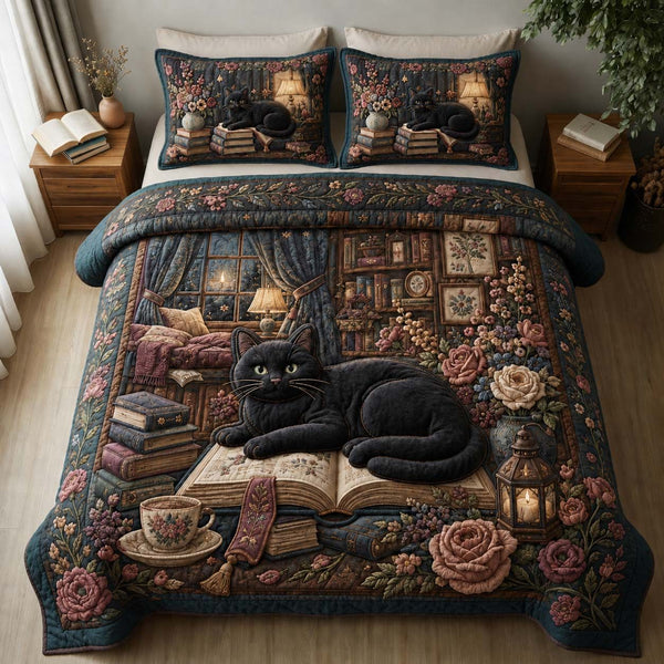 Cozy Midnight Reader Cat quilted 3-piece bedding set on a made bed with two matching pillow shams