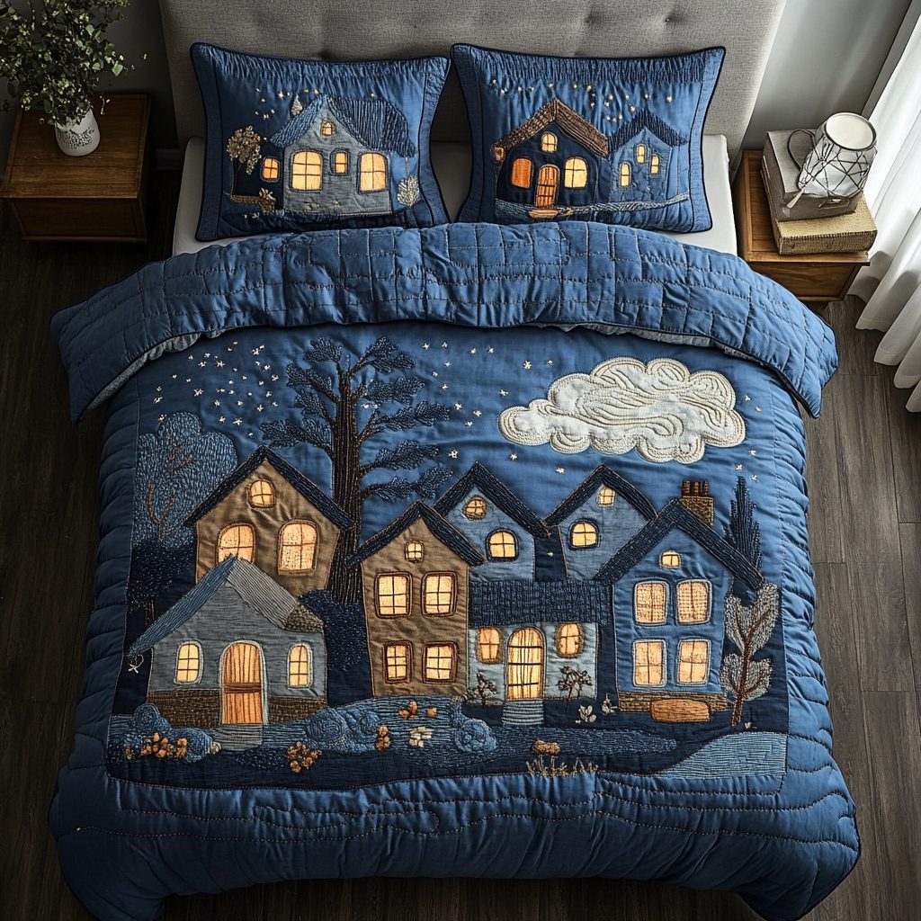 Cozy Moonlight quilted 3-piece bedding set on a made bed with two matching pillow shams