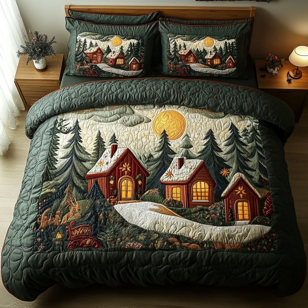 Cozy Night quilted 3-piece bedding set on a made bed with two matching pillow shams
