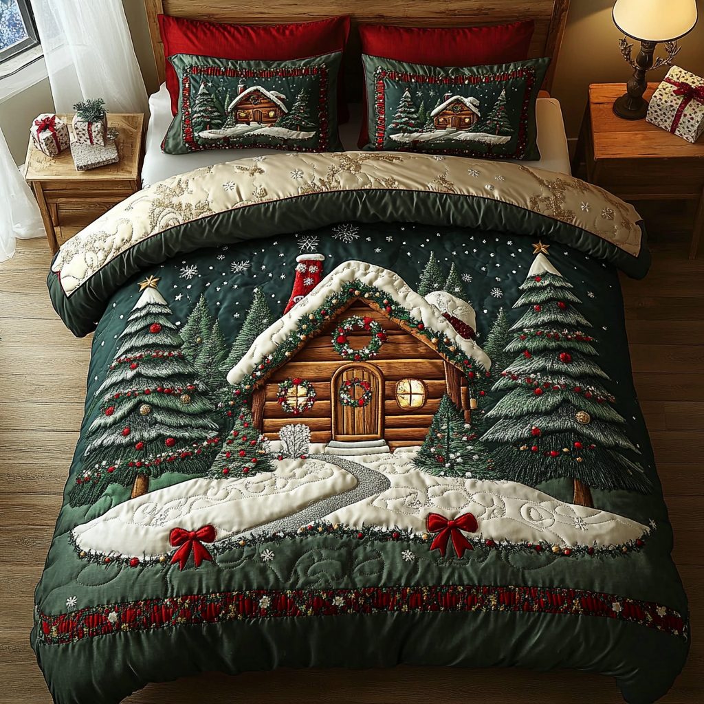 Cozy Night quilted 3-piece bedding set on a made bed with two matching pillow shams