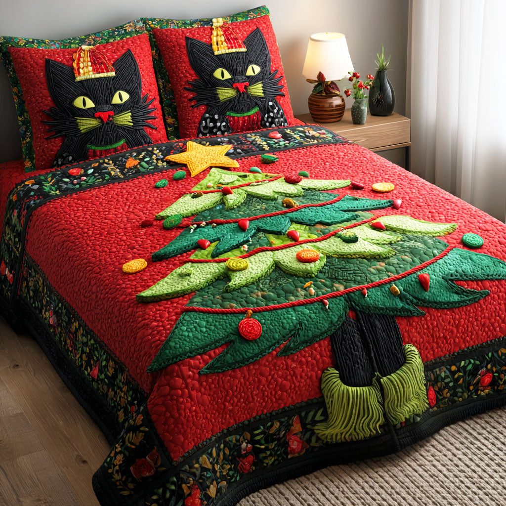 Cozy Noel Cat quilted 3-piece bedding set on a made bed in a winter-styled bedroom