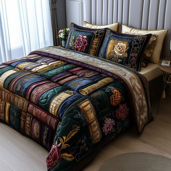 Cozy Novel Nights quilted 3-piece bedding set on a made bed with two matching pillow shams