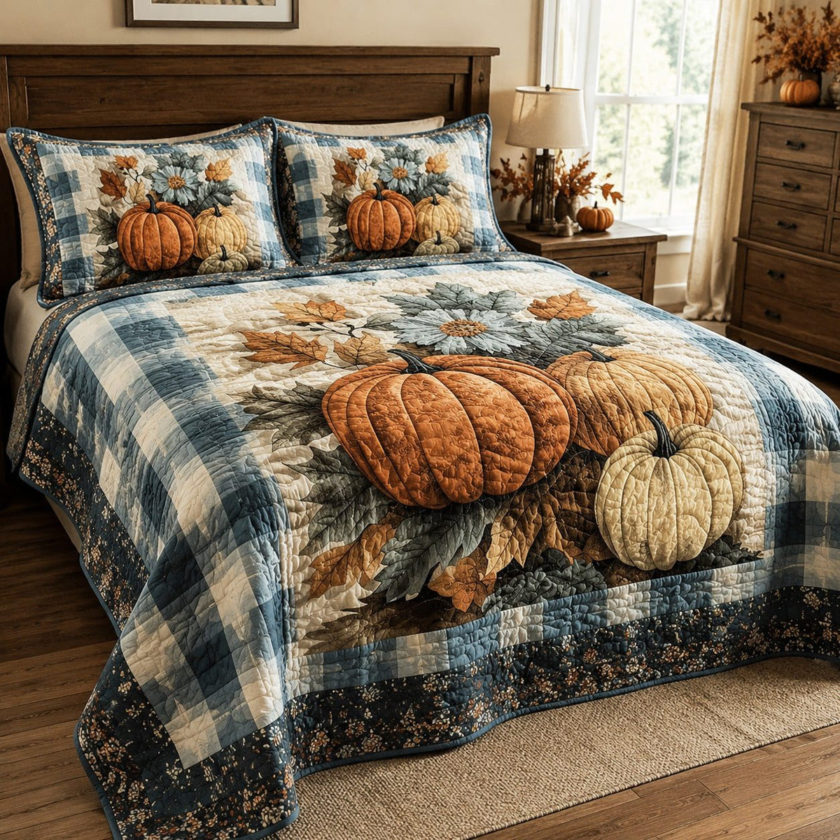 Cozy Orchard quilted 3-piece bedding set on a made bed with two matching pillow shams