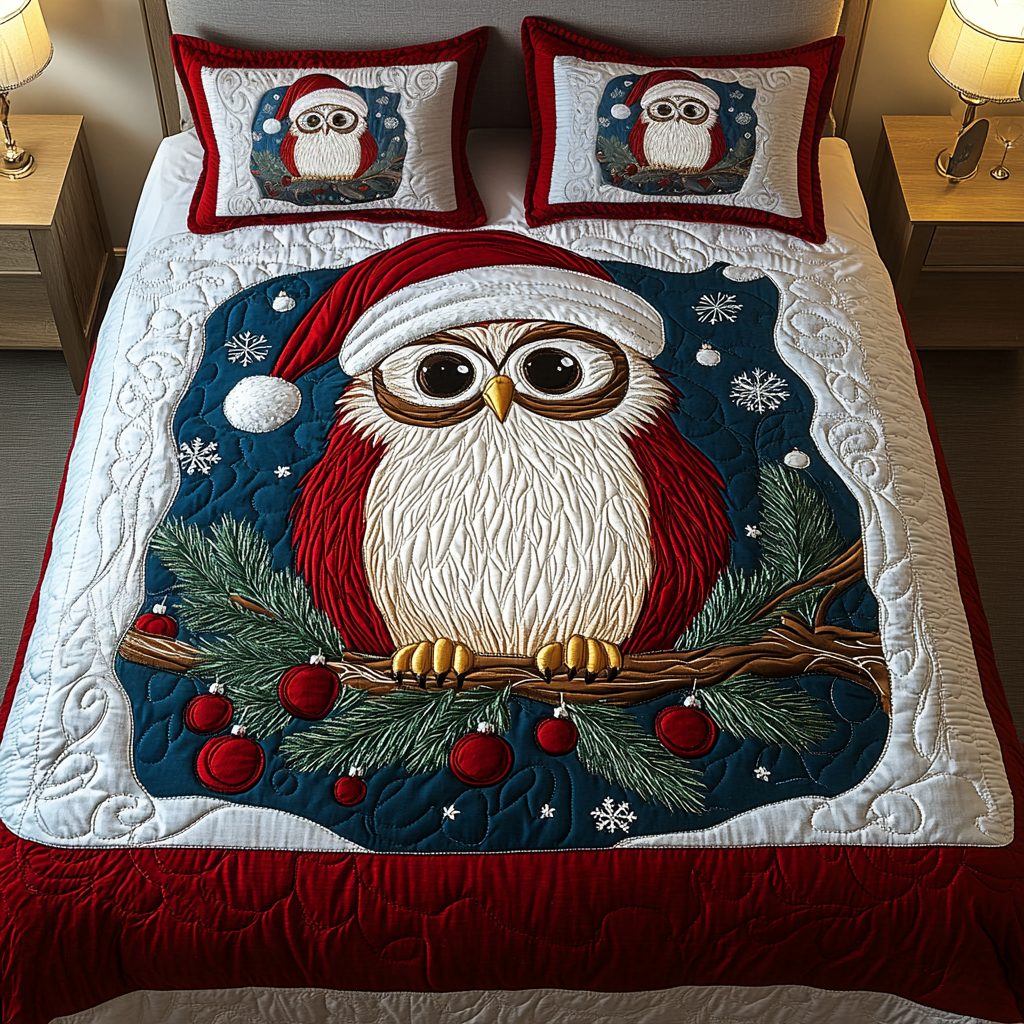Cozy Owls quilted 3-piece bedding set on a made bed with two matching pillow shams