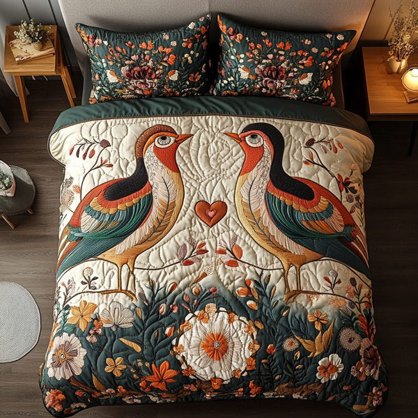 Cozy Pair quilted 3-piece bedding set on a made bed with two matching pillow shams