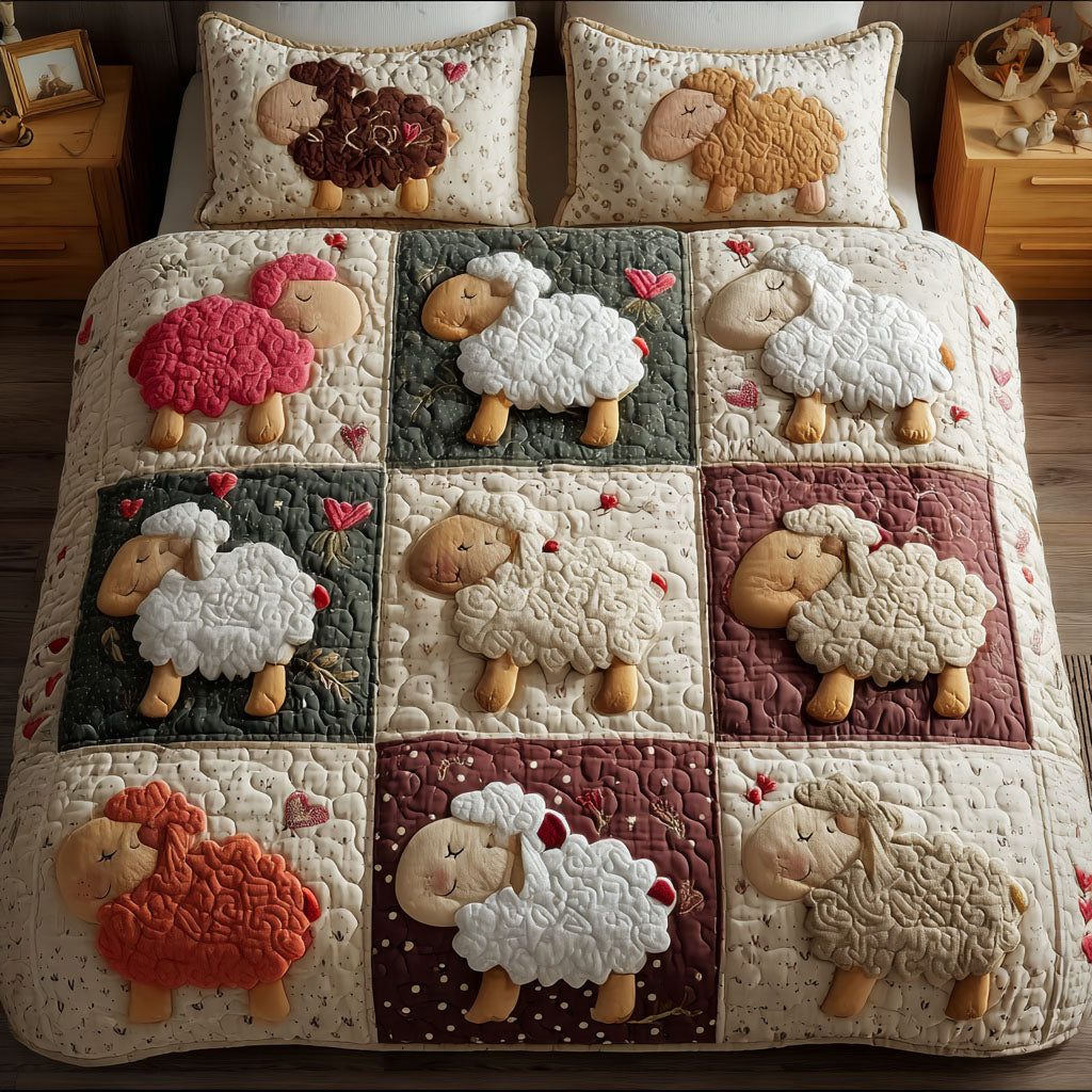 Cozy Pastures quilted 3-piece bedding set on a made bed with two matching pillow shams