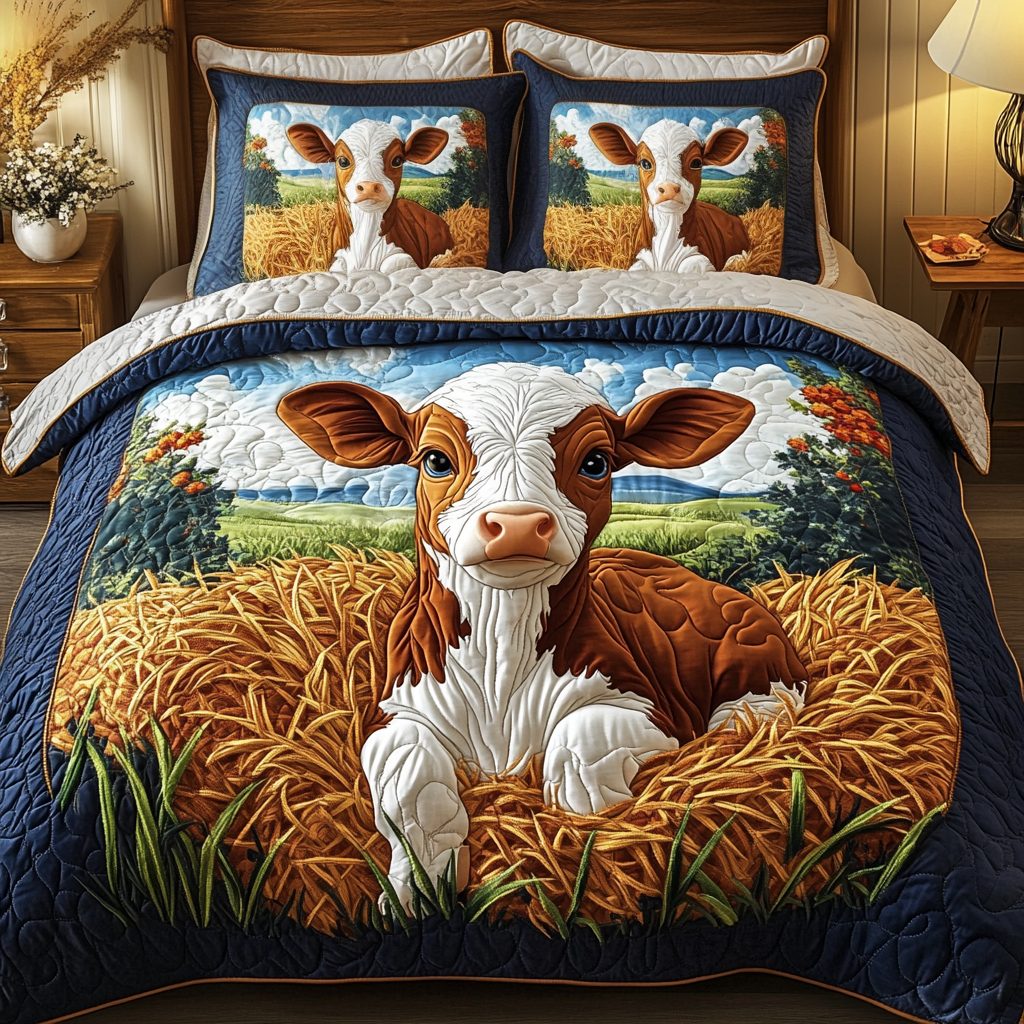 Cozy Pastures quilted 3-piece bedding set on a made bed with two matching pillow shams