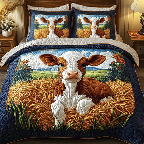 Cozy Pastures quilted 3-piece bedding set on a made bed with two matching pillow shams