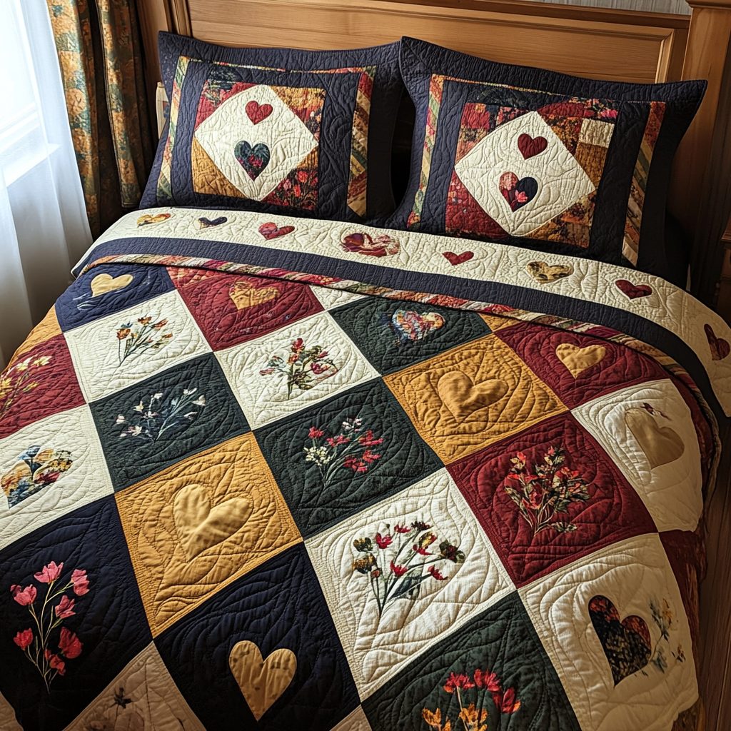 Cozy Patch Hearts quilted 3-piece bedding set on a made bed with two matching pillow shams