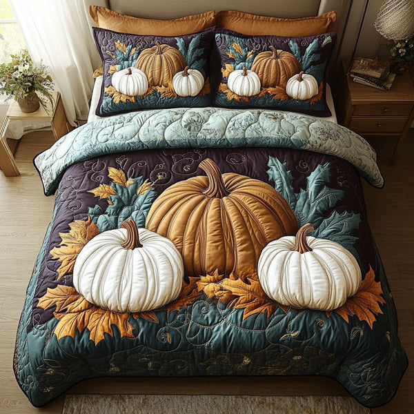 Cozy Patch quilted 3-piece bedding set on a made bed with two matching pillow shams
