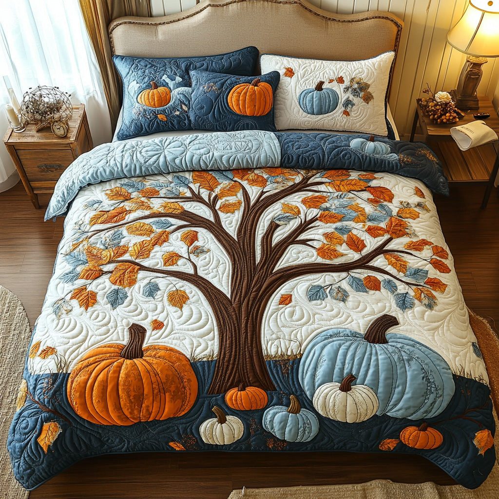 Cozy Patch quilted 3-piece bedding set on a made bed with two matching pillow shams