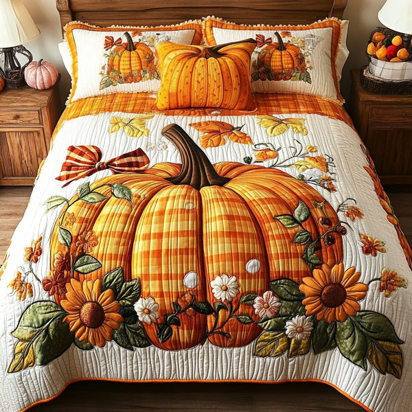Cozy Patch quilted 3-piece bedding set on a made bed with two matching pillow shams