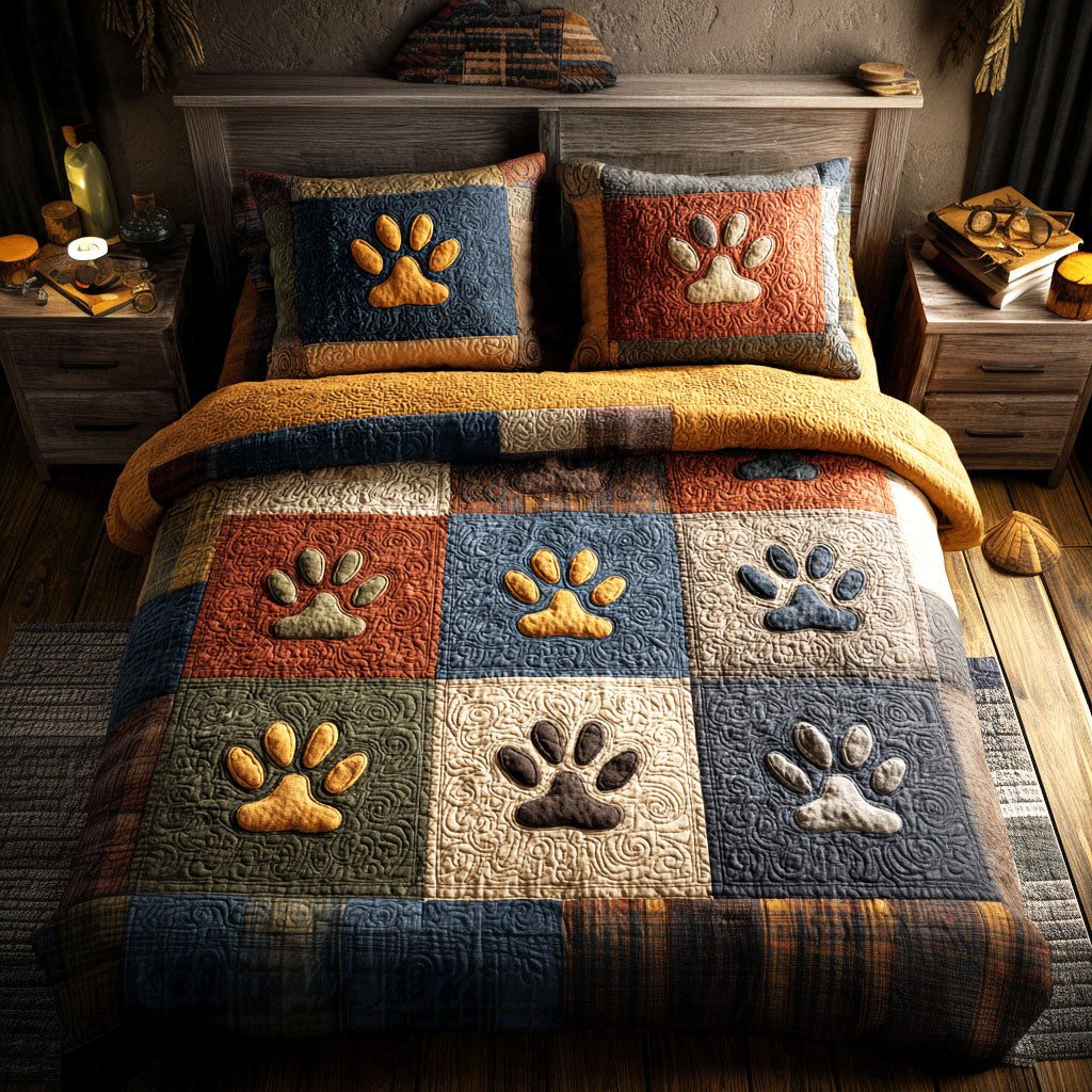 Cozy Paw Haven quilted 3-piece bedding set on a made bed with two matching pillow shams