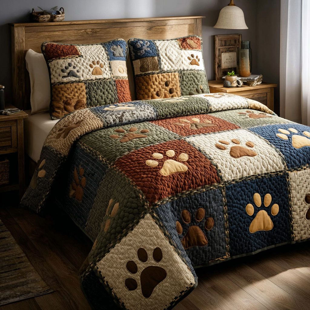 Cozy Paw quilted 3-piece bedding set on a made bed with two matching pillow shams