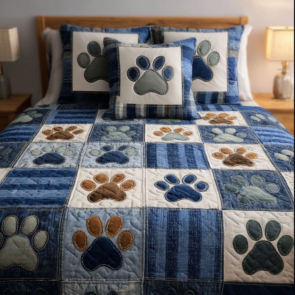 Cozy Paws quilted 3-piece bedding set on a made bed with two matching pillow shams