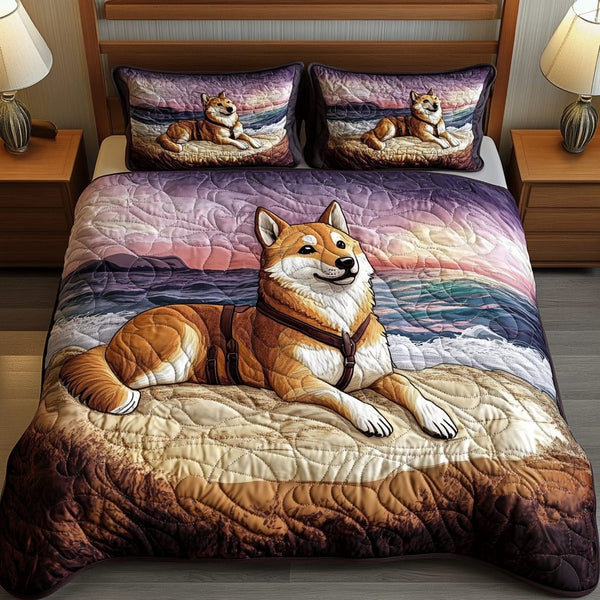 Cozy Paws quilted 3-piece bedding set on a made bed with two matching pillow shams