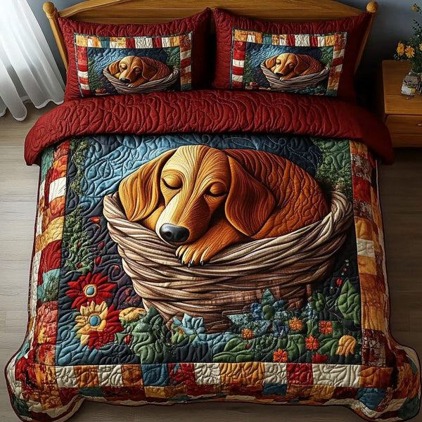 Cozy Paws quilted 3-piece bedding set on a made bed with two matching pillow shams