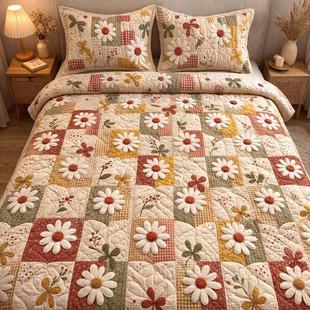 Cozy Petals quilted 3-piece bedding set on a made bed with two matching pillow shams