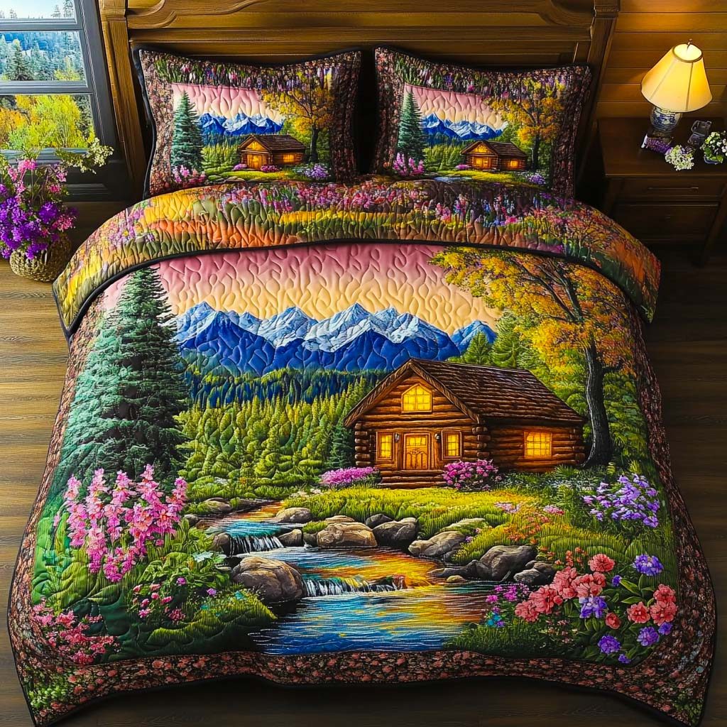 Cozy Pine Haven quilted 3-piece bedding set on a made bed with two matching pillow shams
